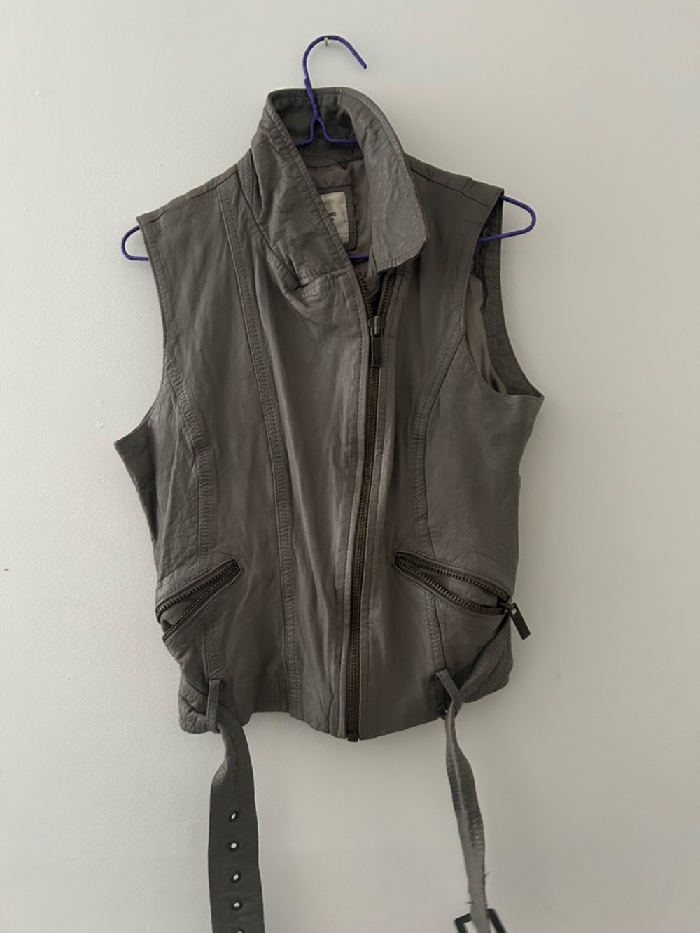 Women's Gray Leather Zip-Front Vest